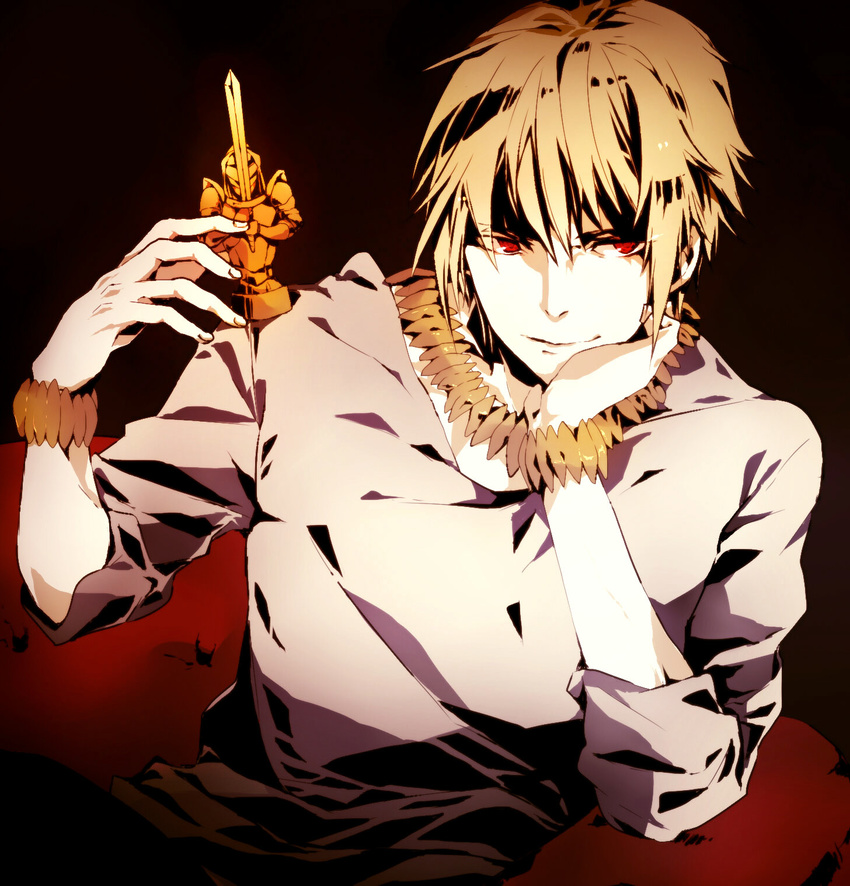blonde_hair bracelet casual chess_piece fate/zero fate_(series) gilgamesh highres jewelry male_focus necklace red_eyes solo usus0x0 v-neck