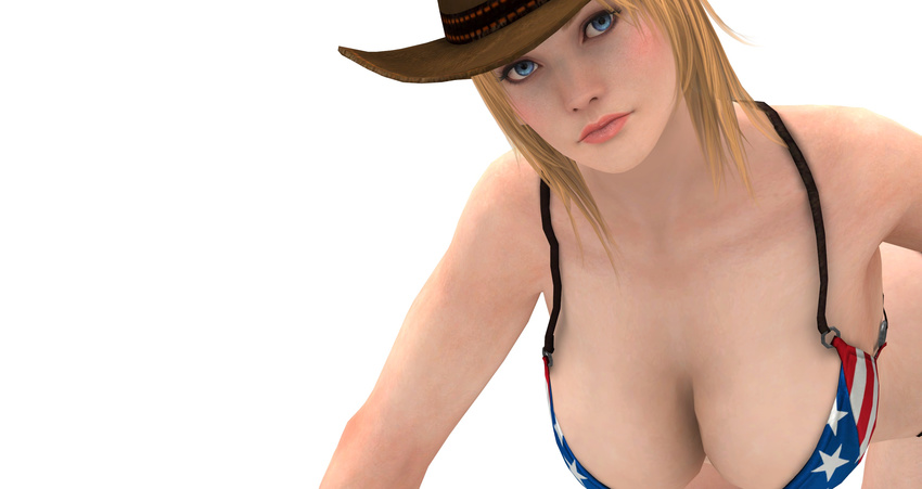 1girl 3d bikini blonde_hair blue_eyes breasts cowboy cowboy_hat dead_or_alive female hat highres huge_breasts solo swimsuit tecmo tina_armstrong western white_background