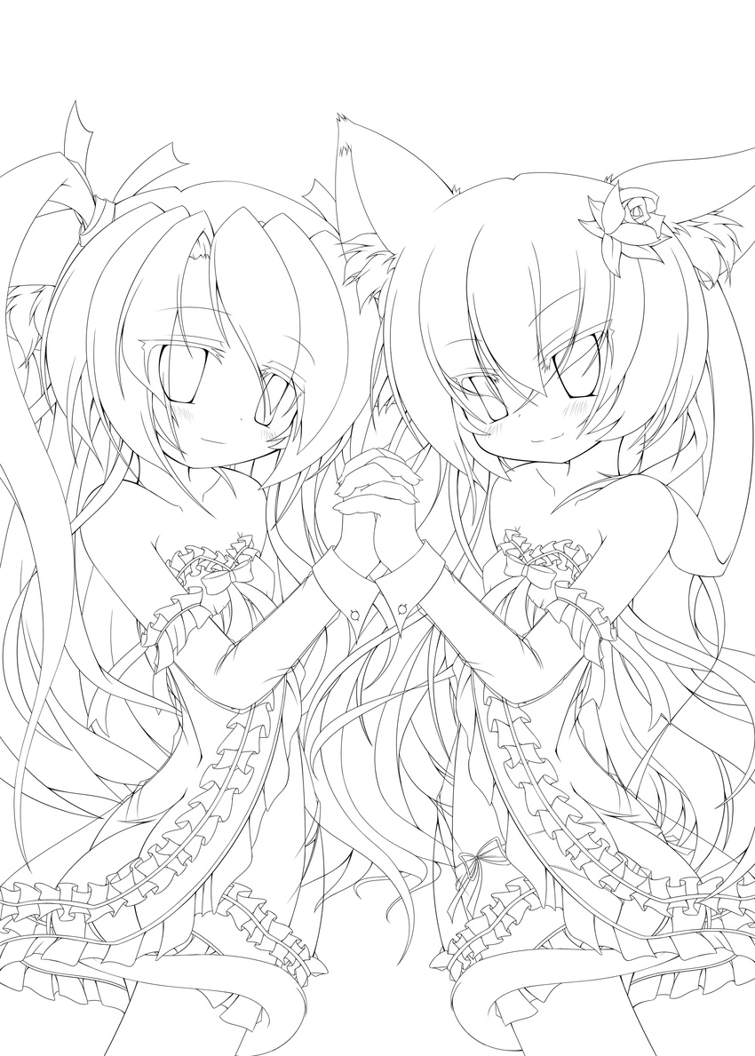 absurdres animal_ears copyright_request flat_chest greyscale highres holding_hands lineart long_hair looking_at_viewer monochrome multiple_girls sakurano_asahi smile