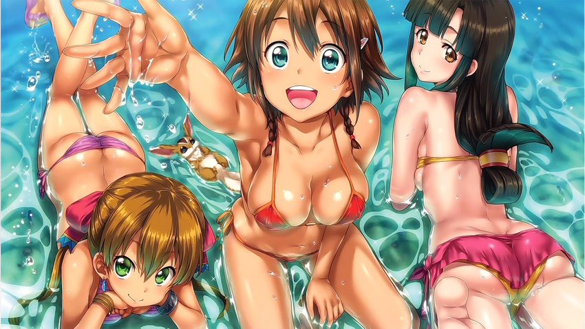 :d amy_(suisei_no_gargantia) animal arm_up ass bangs bare_shoulders barefoot bikini bikini_skirt blunt_bangs bracelet braid breasts brown_eyes brown_hair butt_crack chin_rest cleavage collarbone covered_nipples end_card foreshortening green_eyes hair_ornament hairclip highres hisasi jewelry large_breasts long_hair looking_at_viewer looking_back lying melty_(suisei_no_gargantia) multiple_girls navel on_stomach open_mouth outstretched_hand partially_submerged purple_bikini red_bikini saaya_(suisei_no_gargantia) sandals screencap short_hair side-tie_bikini sitting skindentation smile splashing string_bikini suisei_no_gargantia swimsuit twin_braids twintails water wet yellow_bikini