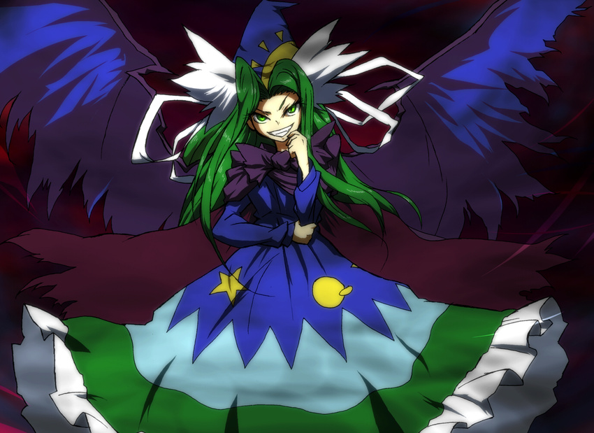 cape dress fangs green_eyes green_hair grin hat hiseki_(tknkkm) long_hair mima moon mystic_square smile solo star touhou touhou_(pc-98) wings wizard_hat