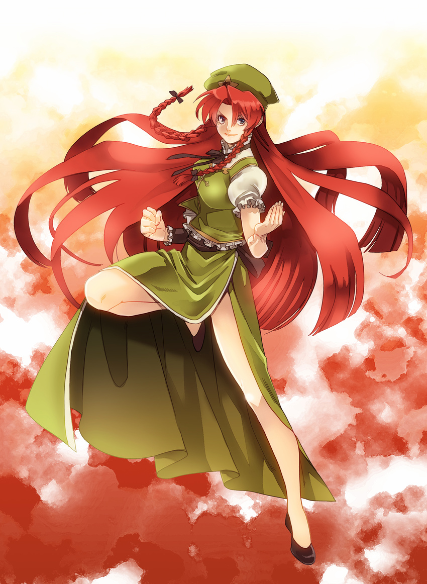 absurdres bad_id bad_pixiv_id blue_eyes braid breasts dress hat highres hong_meiling large_breasts lips long_hair metricmaile red_hair smile solo standing standing_on_one_leg star touhou twin_braids vest