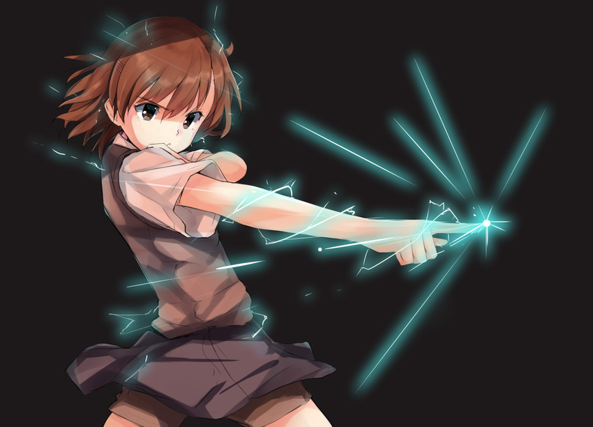 biribiri brown_eyes brown_hair electricity masamuuu misaka_mikoto school_uniform short_hair shorts sweater_vest to_aru_kagaku_no_railgun to_aru_majutsu_no_index