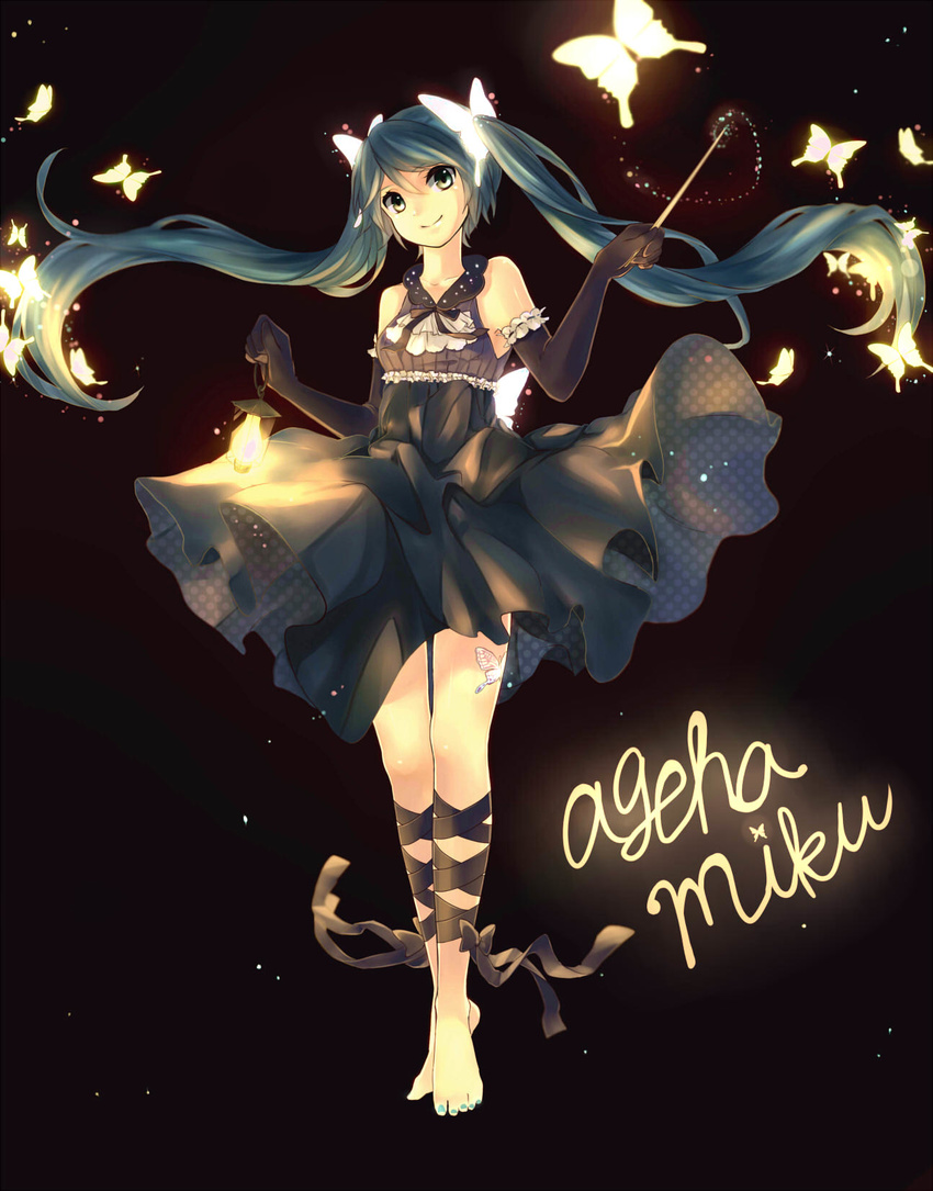 bad_id bad_pixiv_id barefoot dress elbow_gloves gloves hatsune_miku highres lantern long_hair run_(sweettimehappy) smile solo twintails very_long_hair vocaloid wand