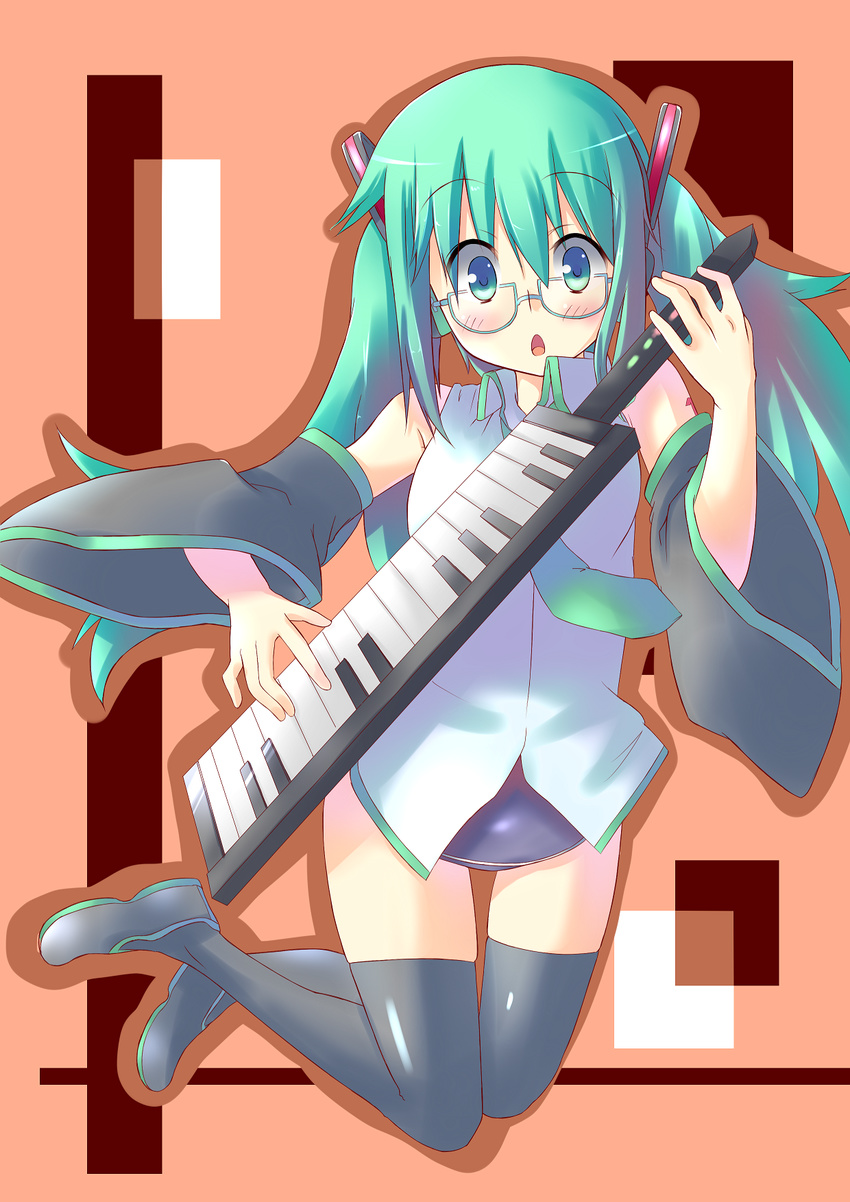 aqua_eyes aqua_hair black_legwear blush boots detached_sleeves full_body glasses green-framed_eyewear green_eyes hatsune_miku headphones highres instrument keytar long_hair necktie no_pants one-piece_swimsuit open_mouth school_swimsuit shoes smile solo spirytus_tarou swimsuit swimsuit_under_clothes thigh_boots thighhighs twintails very_long_hair vocaloid
