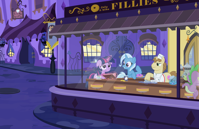 book brown_hair candy cup diner doughnut dragon edward_hopper equine female feral friendship_is_magic green_eyes group hair hat hi_res horn horse inspired_by_proper_art levitation magic male mammal multi-colored_hair my_little_pony night nighthawks pixelkitties plate pony pony_joe_(mlp) purple_eyes scalie sitting spike_(mlp) tea tired trixie_(mlp) twilight_sparkle_(mlp) two_tone_hair unicorn white_hair