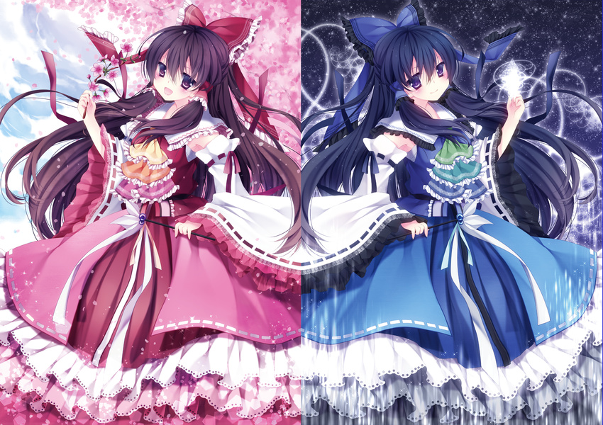 alternate_color ascot bad_id bad_pixiv_id black_hair blue_sky bow brown_eyes brown_hair cherry_blossoms day detached_sleeves dual_persona energy_ball frilled_skirt frills gohei hair_bow hair_tubes hakurei_reimu highres long_hair long_sleeves looking_at_viewer mikazuki_sara night open_mouth petals player_2 purple_eyes shirt skirt skirt_set sky smile touhou tree twig very_long_hair white_sleeves wide_sleeves