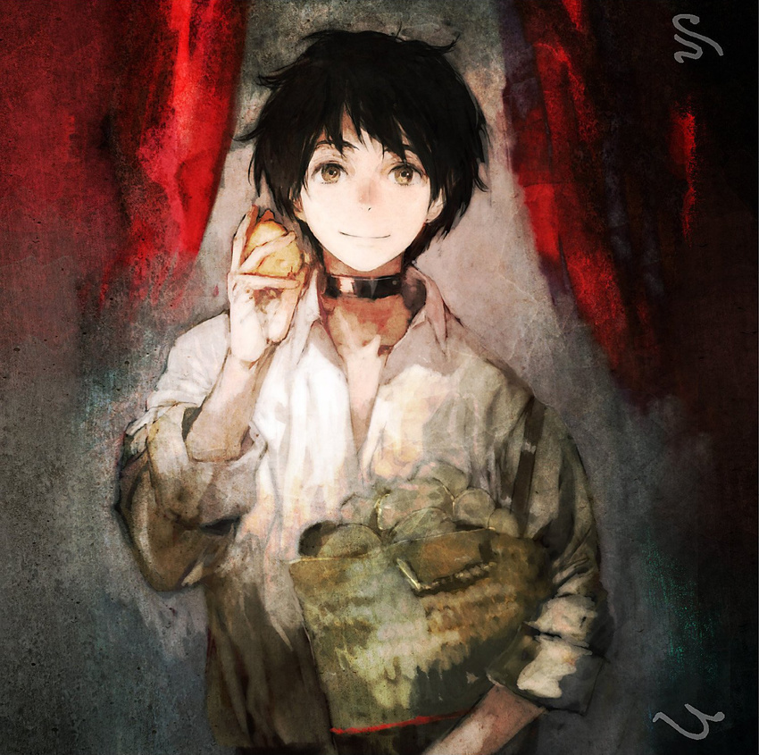 album_cover basket black_hair brown_eyes carrying_under_arm choker closed_mouth collared_shirt cover curtains hand_up highres holding looking_at_viewer male_focus maoyuu_maou_yuusha official_art potato shirt signature sleeves_folded_up smile solo toi8 upper_body white_shirt yellow_eyes yuusha_(maoyuu)
