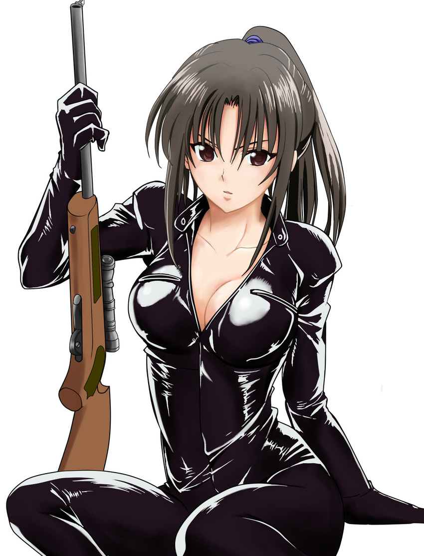 black_bodysuit black_gloves black_hair bodysuit breasts brown_eyes cleavage collarbone gloves gun hair_ornament highres holding holding_gun holding_weapon kujou_rin latex long_hair looking_at_viewer medium_breasts rifle simple_background solo to_love-ru weapon white_background zipper