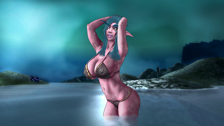big_breasts bikini breasts clothed clothing crab crustacean damokt_(artist) elf female glowing glowing_eyes hair huge_breasts island looking_at_viewer marine markings moonlight nature navel night_elf night_sky not_furry pink_lips pink_skin pinup pointy_ears pose skimpy sky solo standing swimsuit thighs tight_clothing touching_hair video_games warcraft water wet white_eyes world_of_warcraft