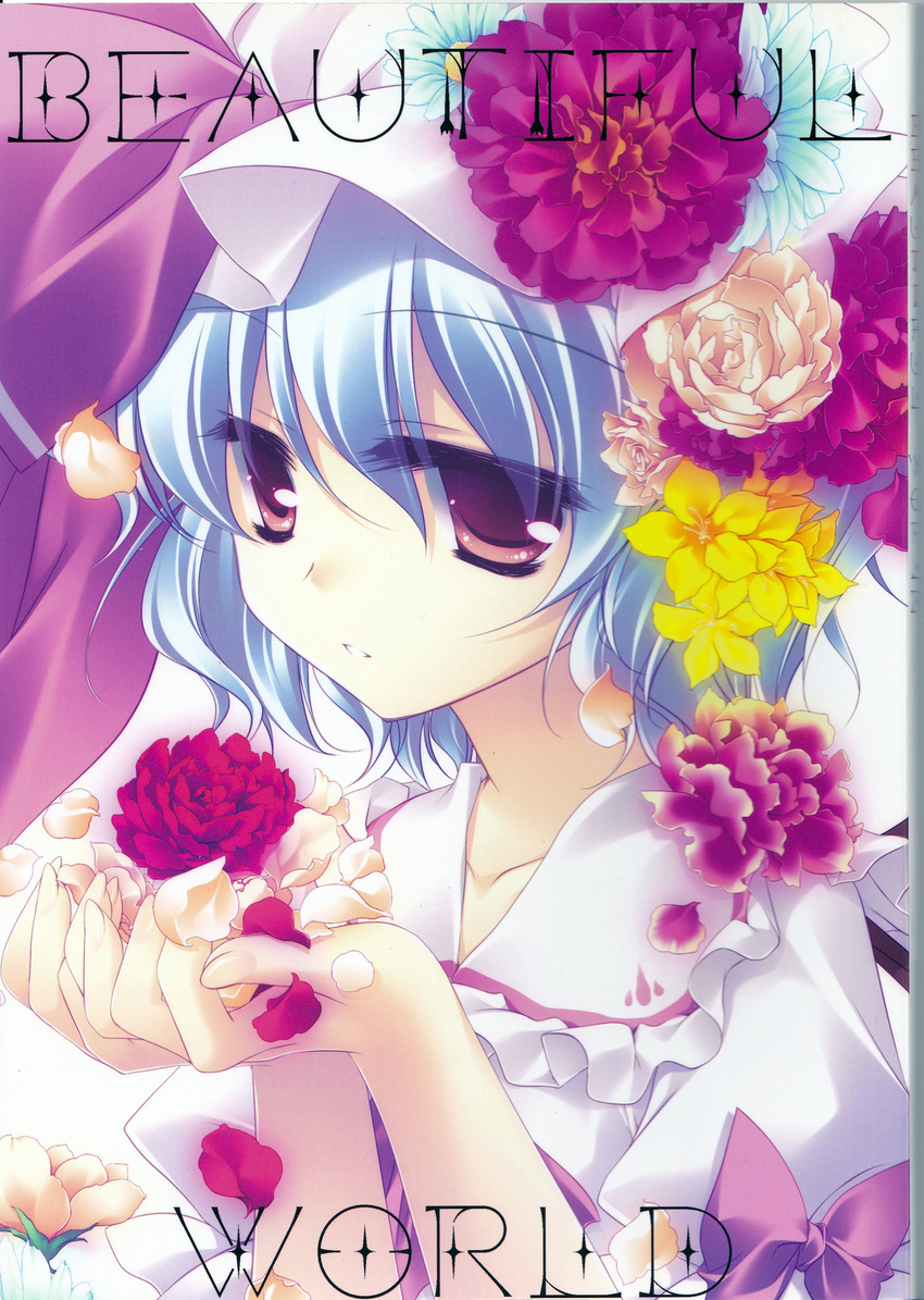 ascot blue_hair bow cover cover_page flower frown hair_flower hair_ornament hat hat_ribbon highres holding holding_flower mob_cap motomiya_mitsuki open_mouth petals puffy_sleeves red_eyes red_flower red_rose remilia_scarlet ribbon rose rose_petals scan shirt short_hair short_sleeves solo text_focus touhou white_flower white_rose