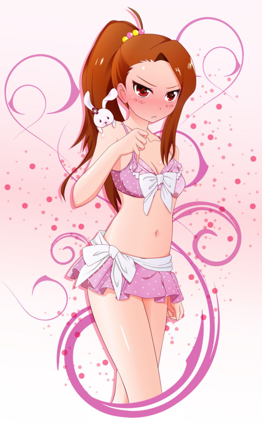 bikini_skirt blush brown_hair bunny eva_16-gouki highres idolmaster idolmaster_(classic) long_hair minase_iori ponytail red_eyes stuffed_animal stuffed_bunny stuffed_toy