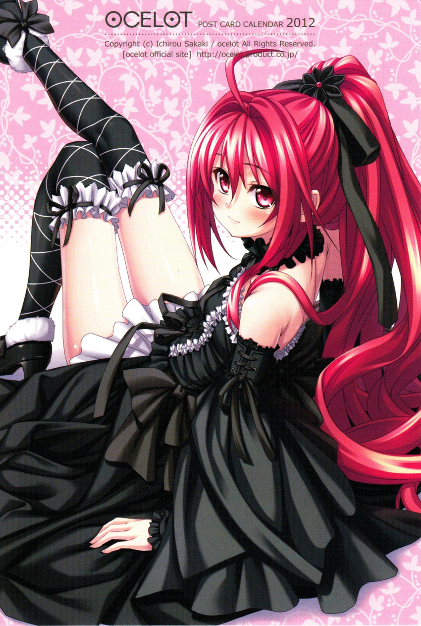 absurdres ahoge bare_shoulders black_dress black_legwear blush corticarte_apa_lagranges detached_sleeves dress highres kannatsuki_noboru knee_up leg_up legs lolita_fashion long_hair looking_at_viewer looking_back off-shoulder_dress off_shoulder pink_background ponytail red_eyes red_hair scan shinkyoku_soukai_polyphonica simple_background sitting tareme thighhighs very_long_hair