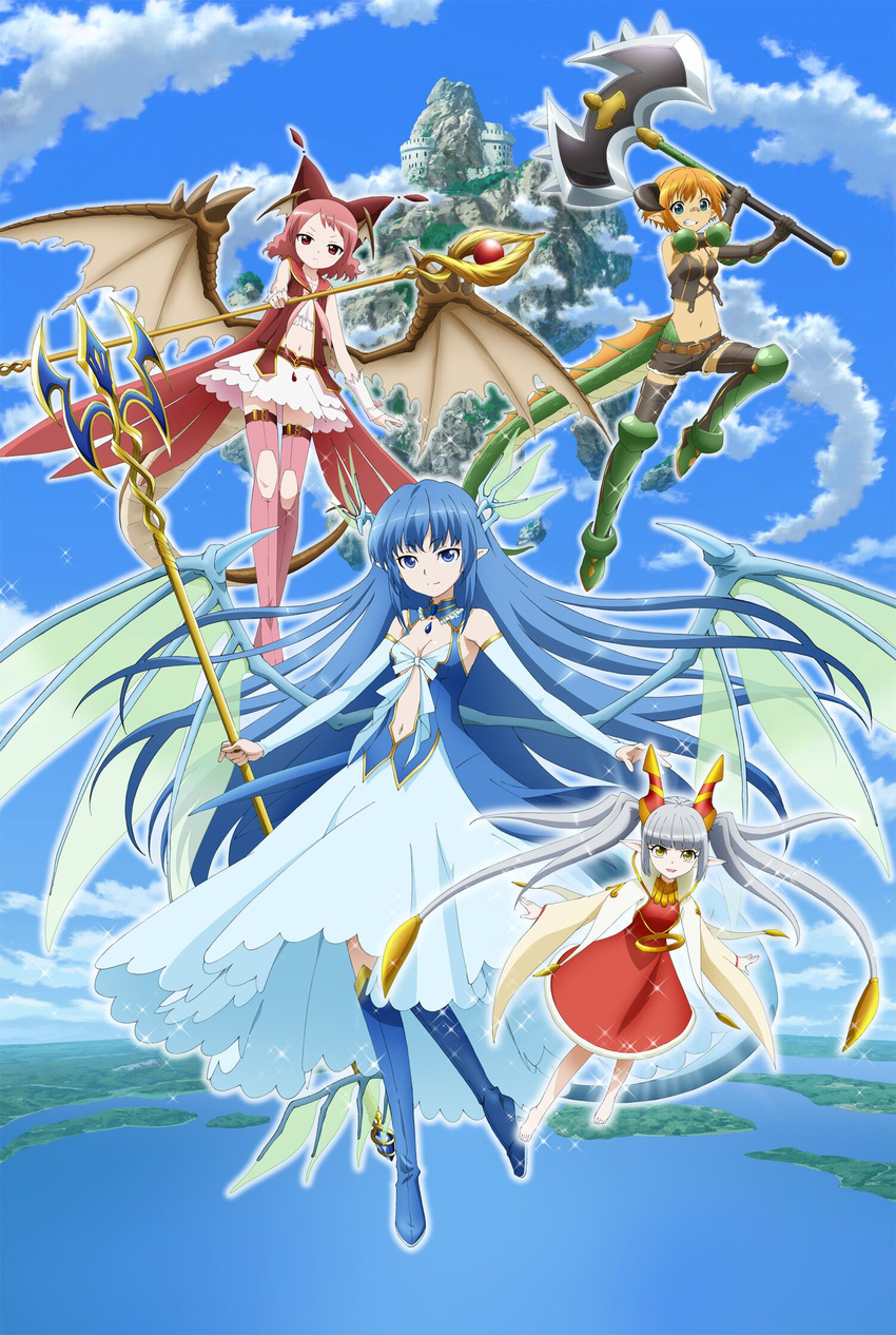 :d angry aqua_eyes armor axe bahamut_(zettai_bouei_leviathan) bandaid bandaid_on_nose bangs bare_shoulders barefoot black_legwear blue_eyes blue_hair blue_legwear blunt_bangs boots breasts cleavage cleavage_cutout cloud cutoffs day demon_girl denim denim_shorts detached_sleeves dragon_girl dragon_tail dragon_wings dress elbow_gloves fairy fantasy fighting_stance flat_chest floating_hair floating_island flying gem gloves greaves grin hat head_wings highres holding horns huge_weapon island jewelry jormungandr_(zettai_bouei_leviathan) leviathan_(zettai_bouei_leviathan) long_hair long_sleeves looking_at_viewer midriff miniskirt monster_girl multiple_girls navel navel_cutout necklace ocean official_art ookuma_takaharu open_mouth orange_hair outdoors pendant pink_hair pink_legwear pointy_ears polearm red_eyes ribbon ring short_hair short_shorts shorts silver_hair skirt sky small_breasts smile sparkle staff syrup_(zettai_bouei_leviathan) tail thigh_boots thigh_strap thighhighs transparent trident turtleneck twintails very_long_hair water weapon wings zettai_bouei_leviathan zettai_ryouiki