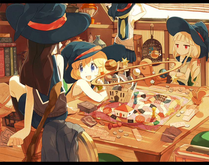 blonde_hair blue_eyes board_game boots brown_hair coin dice green_eyes happy hat long_hair mocha_(mokaapolka) multiple_girls original ponytail red_eyes school_uniform short_hair smile squirrel table twintails witch_hat