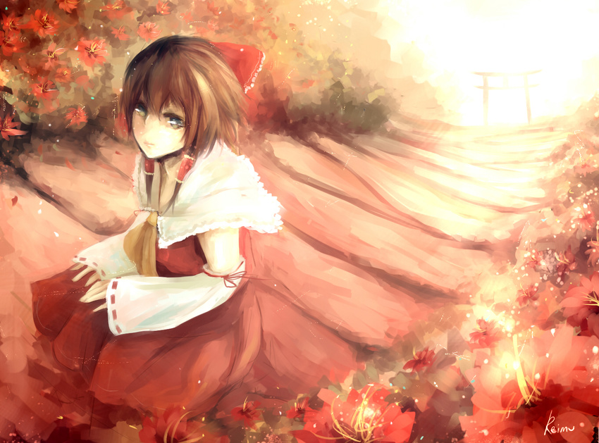 bow brown_hair character_name detached_sleeves flower gracehoo hair_bow hair_tubes hakurei_reimu long_hair looking_at_viewer scenery solo torii touhou