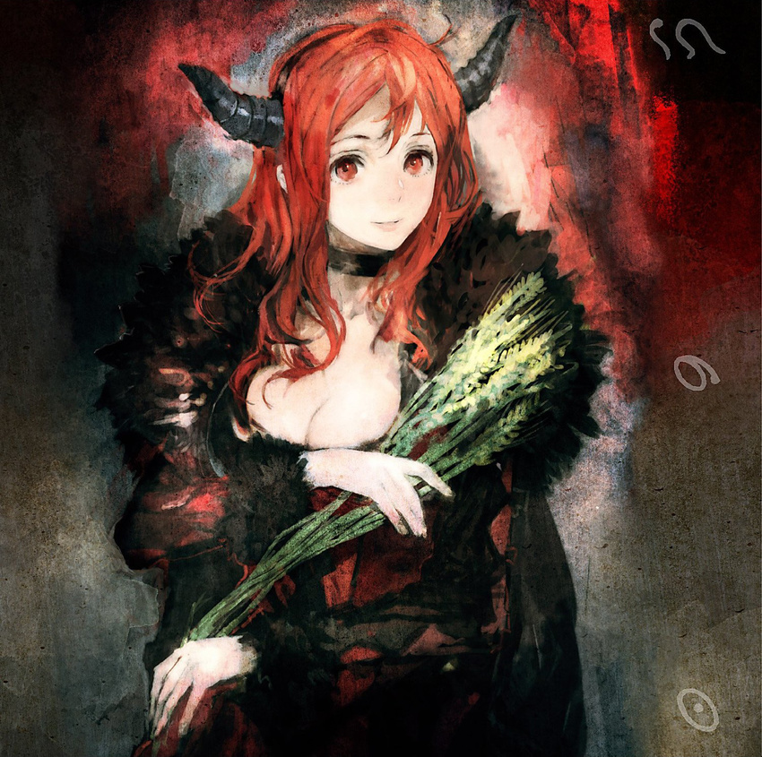 album_cover breasts choker cleavage cover demon_horns dress fake_horns fur_trim highres holding horns large_breasts lips long_hair looking_at_viewer maou_(maoyuu) maoyuu_maou_yuusha official_art red_eyes red_hair smile solo toi8 wheat