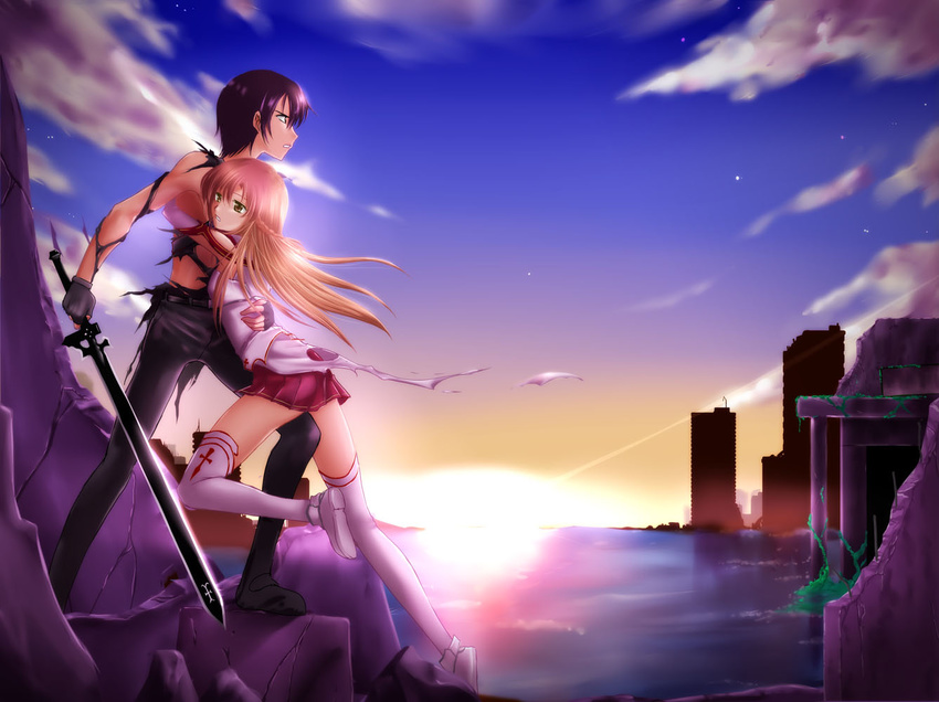 1girl asuna_(sao) couple destruction kirito landscape long_legs sunrise sword sword_art_online takahashi_takeshi torn_clothes weapon