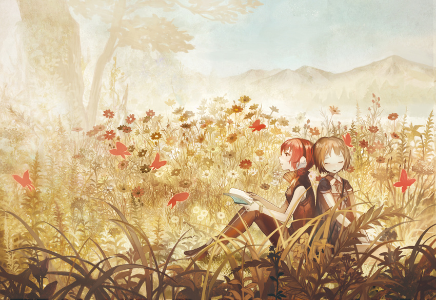 back-to-back book brown_hair bug butterfly closed_eyes earmuffs field flower grass insect mountain multiple_girls nature original red_hair short_hair sitting taku_(fishdrive) tree