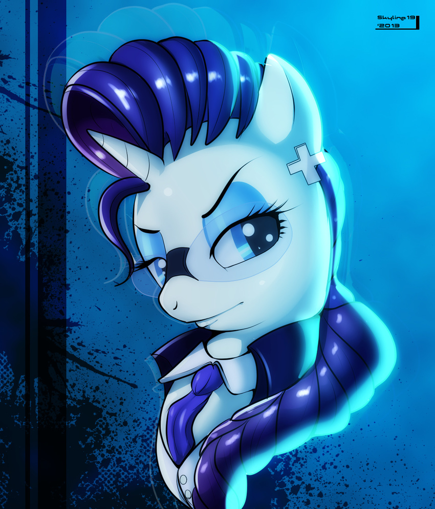 abstract_background blue_eyes crimson_viper equine eyeshadow eyewear female friendship_is_magic fur glasses hair horn looking_at_viewer makeup mammal my_little_pony necktie piercing portrait purple_hair rarity_(mlp) skyline19 solo suit unicorn white_fur