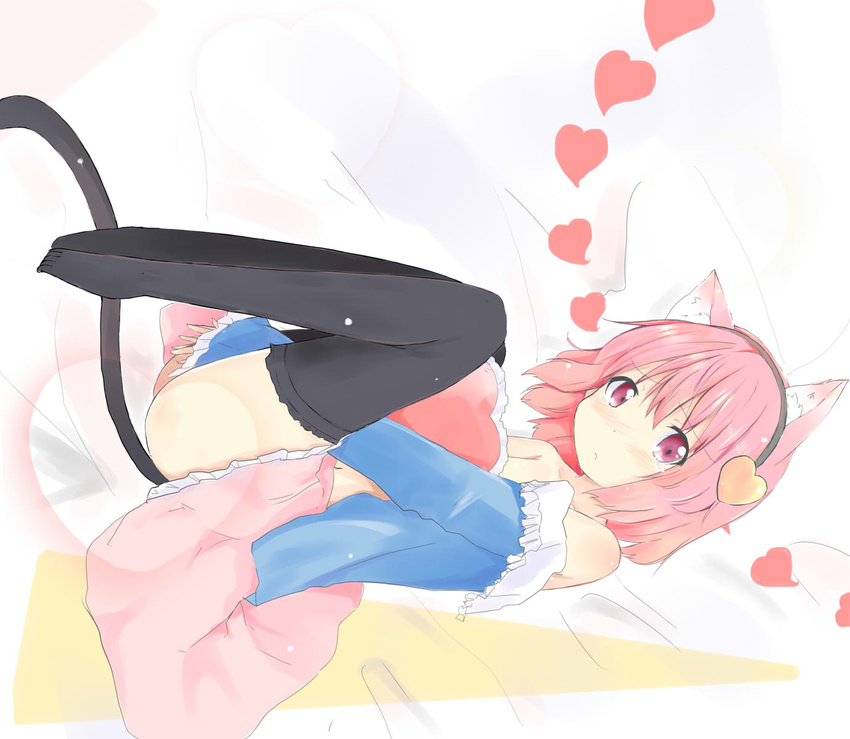 animal_ears ass black_legwear blush cat_ears cat_tail covering covering_crotch hairband heart heart_pillow highres kemonomimi_mode komeiji_satori long_sleeves looking_at_viewer no_shoes off_shoulder open_clothes open_shirt pillow pink_hair pink_skirt purple_eyes shichinose shirt skirt solo tail tears thighhighs touhou