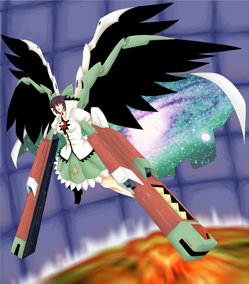 alternate_weapon arm_cannon black_hair black_wings bow cape dress hair_bow highres mechanical_legs mechanical_wings red_eyes reiuji_utsuho solo touhou versapro weapon wings