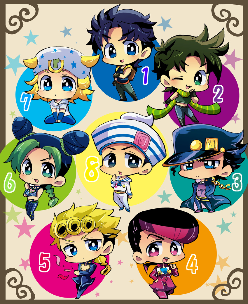 6+boys absurdres black_hair blonde_hair blue_hair chibi dixie_cup_hat family giorno_giovanna green_hair hat higashikata_jousuke higashikata_jousuke_(jojolion) highres johnny_joestar jojo_no_kimyou_na_bouken jojolion jonathan_joestar joseph_joestar_(young) kuujou_jolyne kuujou_joutarou military_hat motsu_(40217141) multiple_boys purple_hair steel_ball_run