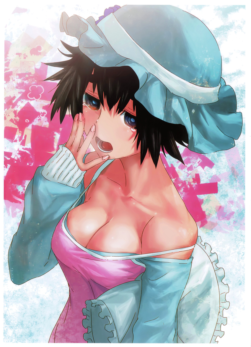 absurdres bare_shoulders black_hair breasts brown_eyes camisole cleavage eyebrows hand_to_own_mouth hat highres huge_filesize huke medium_breasts official_art scan shiina_mayuri short_hair sleepy sleeves_past_wrists solo steins;gate strap_gap strap_slip tears yawning