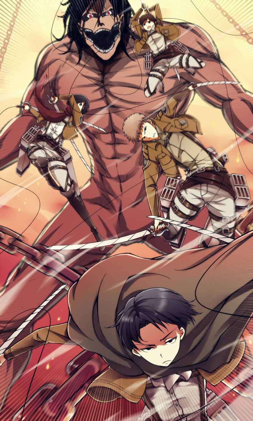 2girls ascot black_hair boots brown_hair dual_wielding emblem highres holding jacket jean_kirchstein levi_(shingeki_no_kyojin) mikasa_ackerman multiple_boys multiple_girls oishii_garriel paradis_military_uniform rogue_titan sasha_braus scarf shingeki_no_kyojin sword thigh_strap three-dimensional_maneuver_gear weapon