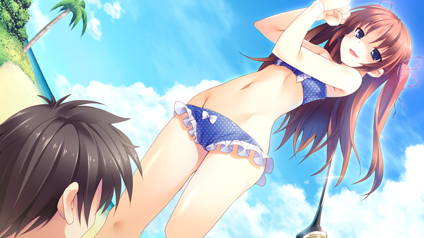 16:9 1boy 1girl bare_shoulders beach bikini black_hair blue_eyes brown_hair cloud flat_chest game_cg golf_club guardian_place guardian_place:_do_s_na_imouto_to_3-nin_no_yome highres hips legs long_hair looking_down navel ocean ootori_aoi open_mouth palm_tree short_hair sky smile standing swimsuit thighs tree tsurugi_hagane twintails water