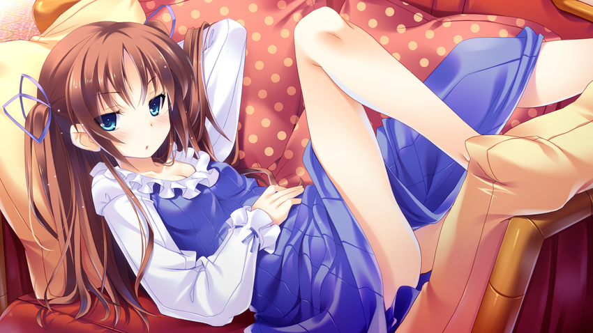 16:9 1girl blush breasts brown_hair cleavage dress flat_chest game_cg green_eyes guardian_place guardian_place:_do_s_na_imouto_to_3-nin_no_yome hair_ornament highres legs long_hair looking_at_viewer lying ootori_aoi pillow solo tsurugi_hagane twintails