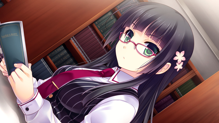 16:9 1girl black_hair book breasts game_cg glasses green_eyes guardian_place guardian_place:_do_s_na_imouto_to_3-nin_no_yome hair_ornament highres library long_hair looking_at_viewer necktie serious sitting solo suminoin_ouka table tsurugi_hagane