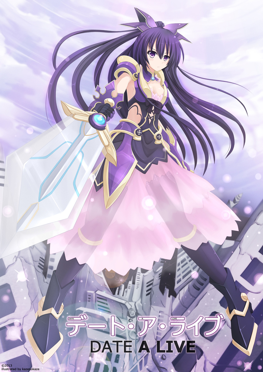 armor armored_dress black_legwear breasts cityscape cleavage copyright_name date_a_live destruction floating_hair foreshortening full_body gauntlets highres holding holding_sword holding_weapon kazenokaze legs long_hair looking_at_viewer medium_breasts ponytail purple_eyes purple_hair see-through skirt sword text_focus thighhighs very_long_hair weapon yatogami_tooka