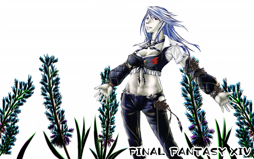 breasts cleavage detached_sleeves final_fantasy final_fantasy_xiv flower grey_skin grin large_breasts long_hair midriff navel ni-chan outstretched_arms pants red_eyes roegadyn silver_hair smile spread_arms