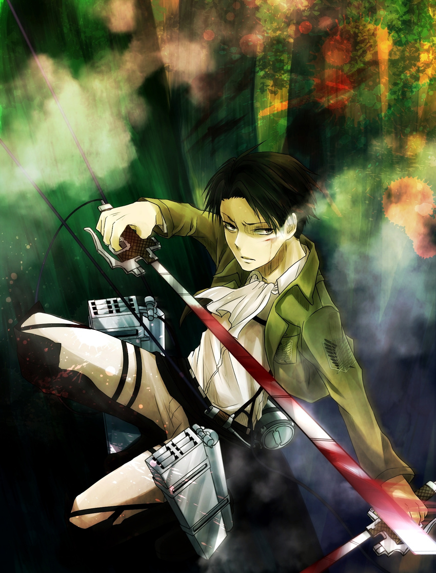 4213-love_4213 ascot bad_id bad_pixiv_id belt black_hair blood boots highres jacket levi_(shingeki_no_kyojin) male_focus paradis_military_uniform shingeki_no_kyojin solo sword thigh_strap three-dimensional_maneuver_gear weapon wire