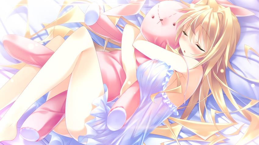 bed blonde_hair game_cg guardian☆place hibarigaoka_itsuki hinata_mutsuki long_hair no_bra skyfish sleeping teddy_bear