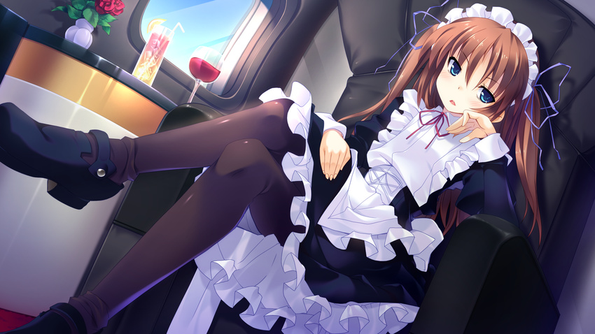 16:9 1girl alcohol blue_eyes blush brown_hair chair cup drink feet flat_chest flower game_cg guardian_place guardian_place:_do_s_na_imouto_to_3-nin_no_yome highres legs legs_crossed long_hair looking_at_viewer maid maid_headdress ootori_aoi open_mouth pantyhose shoes sitting solo tsurugi_hagane twintails vase window wine