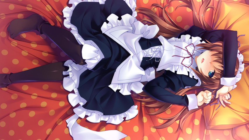 black_legwear blue_eyes blush brown_hair full-face_blush guardian_place highres lying maid maid_headdress non-web_source ootori_aoi pantyhose pillow polka_dot rotated tsurugi_hagane