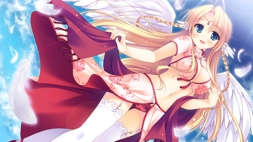 16:9 1girl angel blonde_hair blue_eyes blush braid breasts cleavage cloud feathers game_cg garter_belt guardian_place guardian_place:_do_s_na_imouto_to_3-nin_no_yome happy highres legs long_hair looking_at_viewer midriff navel open_mouth panties sky smile solo standing suzaku_(guardian_place) thighhighs thighs tsurugi_hagane underwear wings yukie_(peach_candy)