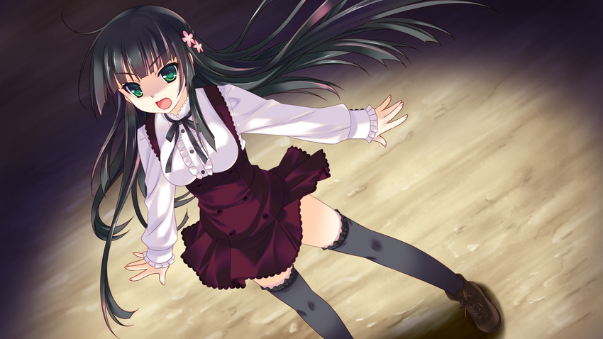 16:9 1girl black_hair black_legwear breasts female game_cg green_eyes guardian_place guardian_place:_do_s_na_imouto_to_3-nin_no_yome hair_ornament highres legs long_hair looking_at_viewer open_\m/ open_mouth shadow shoes skirt solo standing suminoin_ouka tsurugi_hagane