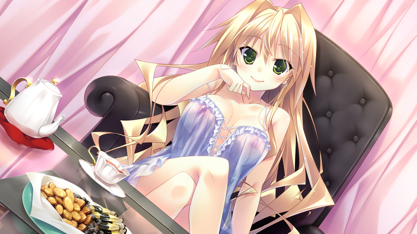 16:9 1girl areolae bare_shoulders blonde_hair blush breasts chair cup curtains food game_cg green_eyes guardian_place guardian_place:_do_s_na_imouto_to_3-nin_no_yome hibarigaoka_itsuki highres legs legs_crossed long_hair looking_at_viewer nipples see-through sitting smile solo table tsurugi_hagane