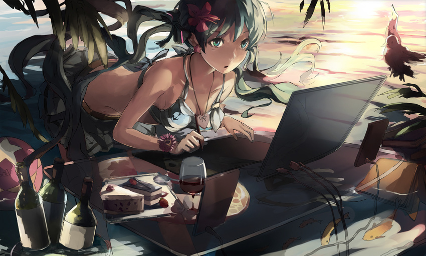 alcohol bent_over bikini_top bird bottle cake cup drawing dress drinking_glass fish food green_eyes green_hair hatsune_miku highres jewelry leaf leaning_forward long_hair monitor necklace ooi_choon_liang pillow screen standing sunset table tablet twintails vocaloid wine wine_glass