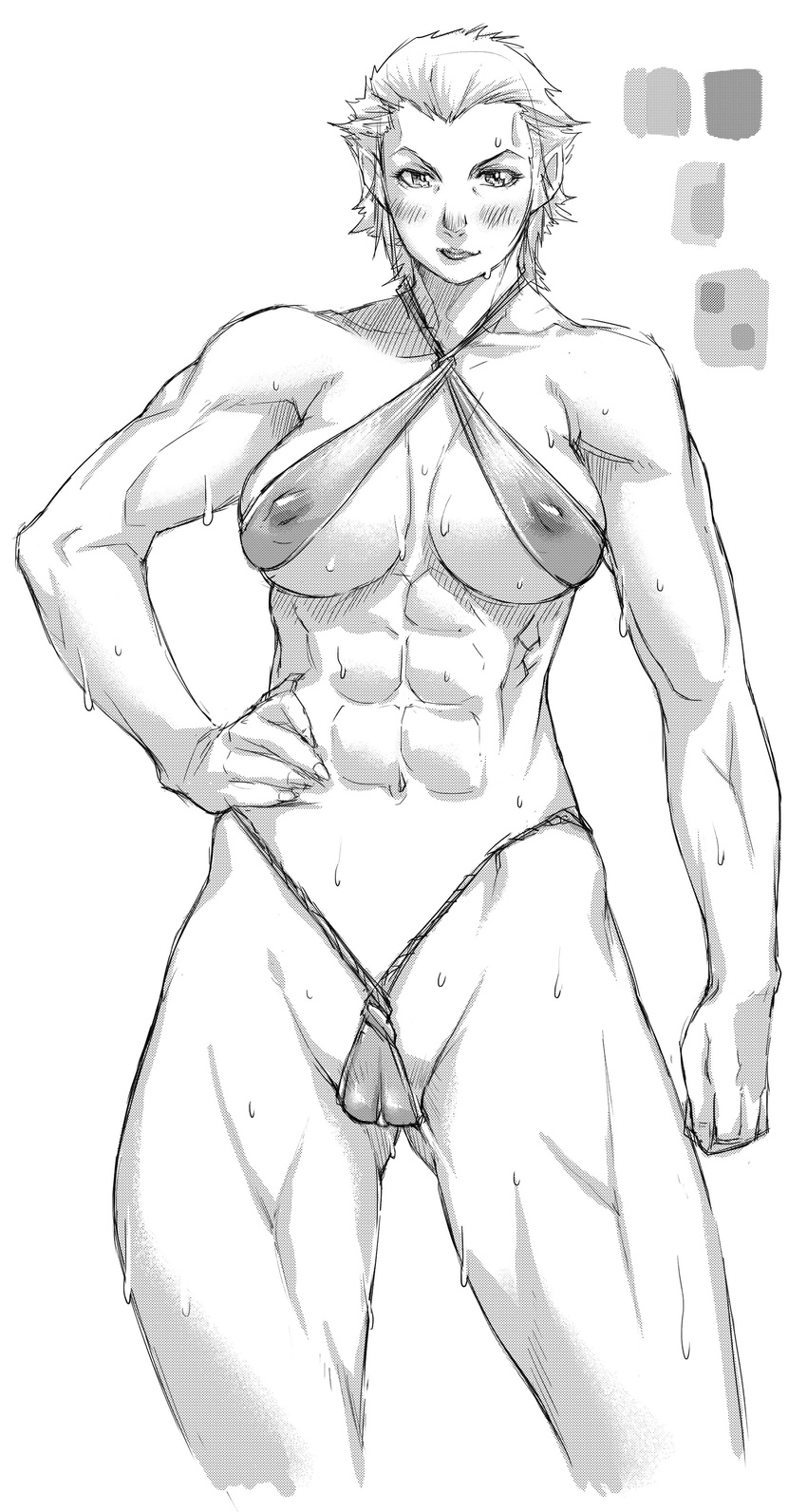 abs absurdres bikini blush breasts cameltoe covered_nipples final_fantasy final_fantasy_xiv greyscale hand_on_hip highres large_breasts lips monochrome muscle muscular_female pointy_ears roegadyn saiyazumi short_hair sideboob smile solo sweat swimsuit thick_thighs thighs wet