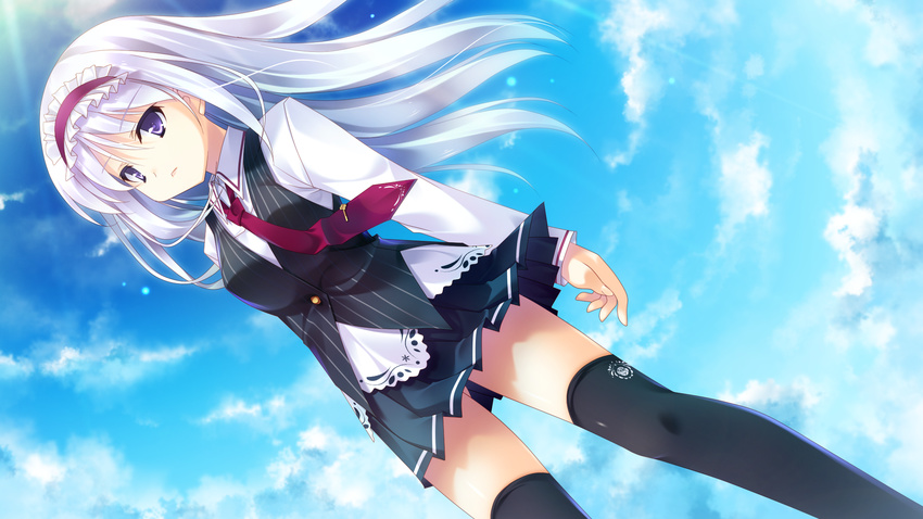 16:9 1girl amane_neon black_legwear breasts cloud game_cg guardian_place guardian_place:_do_s_na_imouto_to_3-nin_no_yome hairband highres long_hair looking_at_viewer necktie purple_eyes purple_hair school_uniform serious skirt sky solo standing tsurugi_hagane wind