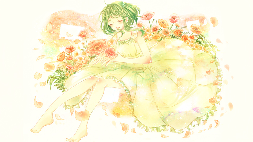 barefoot dress flowers green_hair gumi petals ruru_(tsuitta) vocaloid