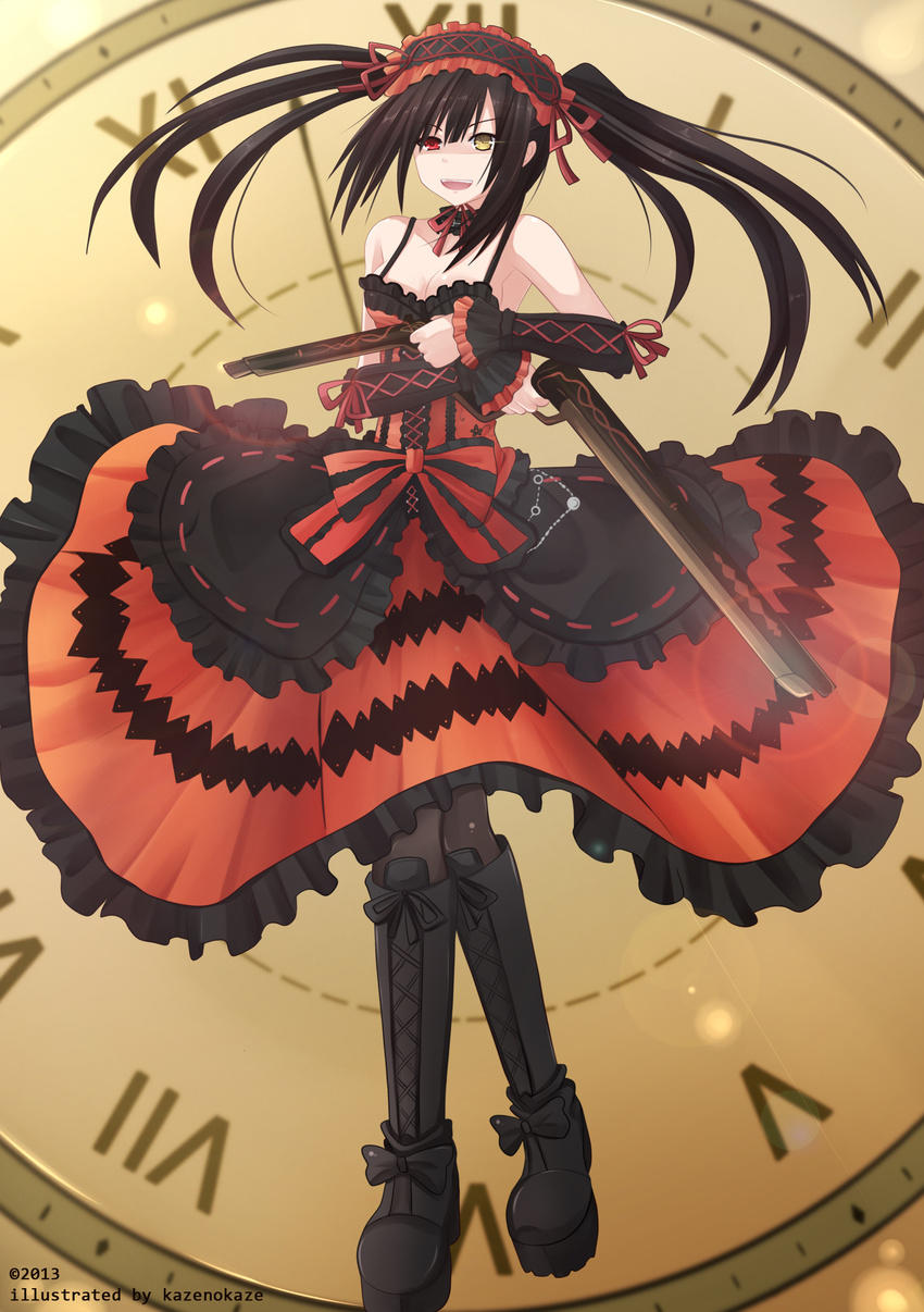 absurdres bare_shoulders black_hair black_legwear boots breasts cleavage clock clockwork date_a_live dress dual_wielding full_body gun hairband handgun heterochromia highres holding kazenokaze lolita_hairband looking_at_viewer medium_breasts number pantyhose pistol red_eyes roman_numerals sleeveless sleeveless_dress tokisaki_kurumi twintails weapon yellow_eyes