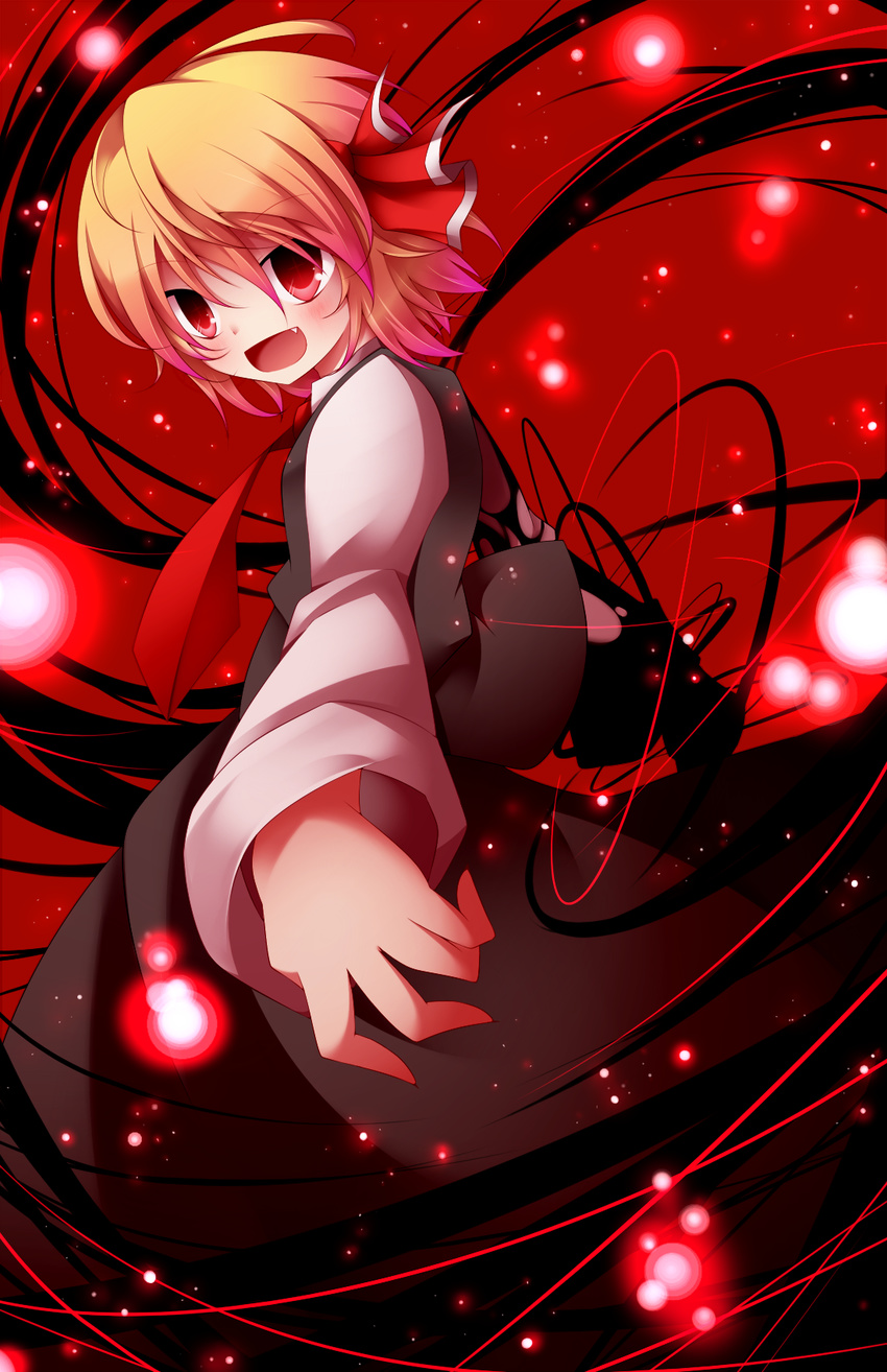 blonde_hair fang hair_ribbon highres kuroyume_(dark495) lights looking_at_viewer open_mouth outstretched_arms red_eyes ribbon rumia shirt short_hair skirt skirt_set smile solo touhou vest