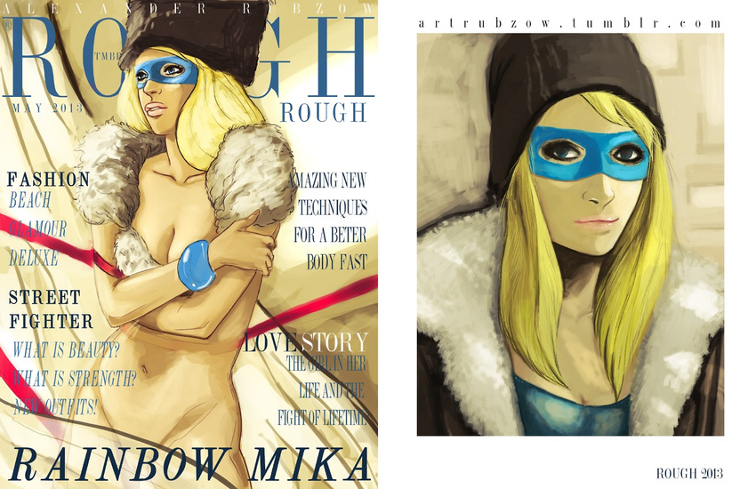 alexander_rubzow alternate_hairstyle bad_id bad_tumblr_id blonde_hair blue_eyes bracelet breasts cleavage coat cover covering covering_breasts fake_cover fur_collar fur_hat hat jewelry large_breasts lips long_hair magazine_cover mask navel nude rainbow_mika ribbon solo street_fighter street_fighter_zero_(series) winter_clothes winter_coat