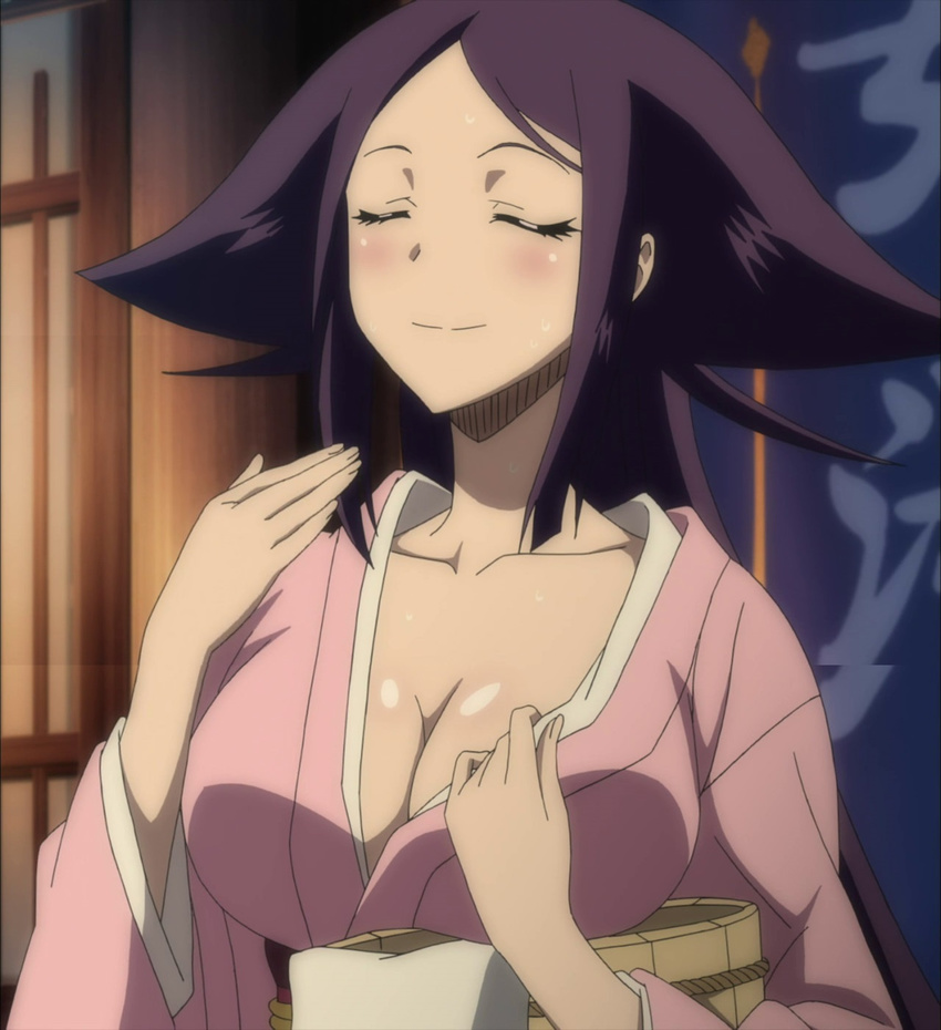 1girl breasts highres large_breasts mushibugyou oharu_(mushibugyou) purple_hair smile solo sweat