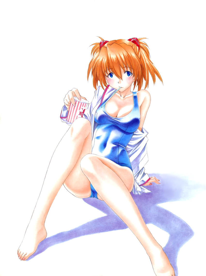 absurdres alternate_breast_size alternate_hair_length alternate_hairstyle bangs bare_shoulders barefoot blue_eyes blue_swimsuit blush breasts cleavage covered_navel drinking_straw feet hair_between_eyes hair_ornament highres holding knees_together_feet_apart knees_up long_sleeves looking_at_viewer medium_breasts mouth_hold neon_genesis_evangelion nerv off_shoulder one-piece_swimsuit open_clothes open_shirt school_swimsuit shadow shirt short_hair short_twintails simple_background sleeves_past_wrists solo souryuu_asuka_langley swimsuit swimsuit_under_clothes taut_clothes toes twintails utatane_hiroyuki white_background